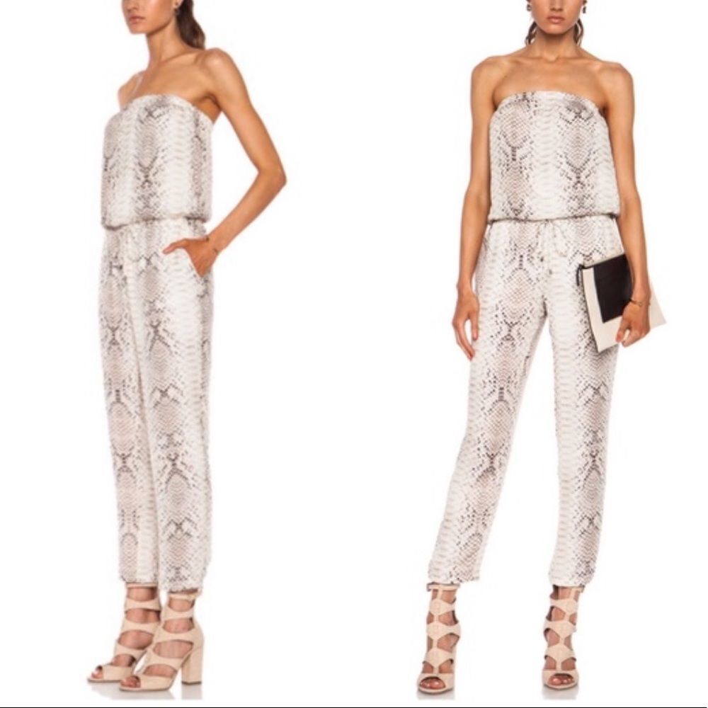 HAUTE HIPPIE Silk Snake Print Sleeveless Tube Jumpsuit RomperBrown Cream XS